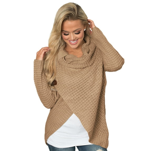 KZKR Womens Long Sleeve Button Sweaters Pullover Cowl Neck Casual Knitted Wrap Lightweight Sweaters Jumper