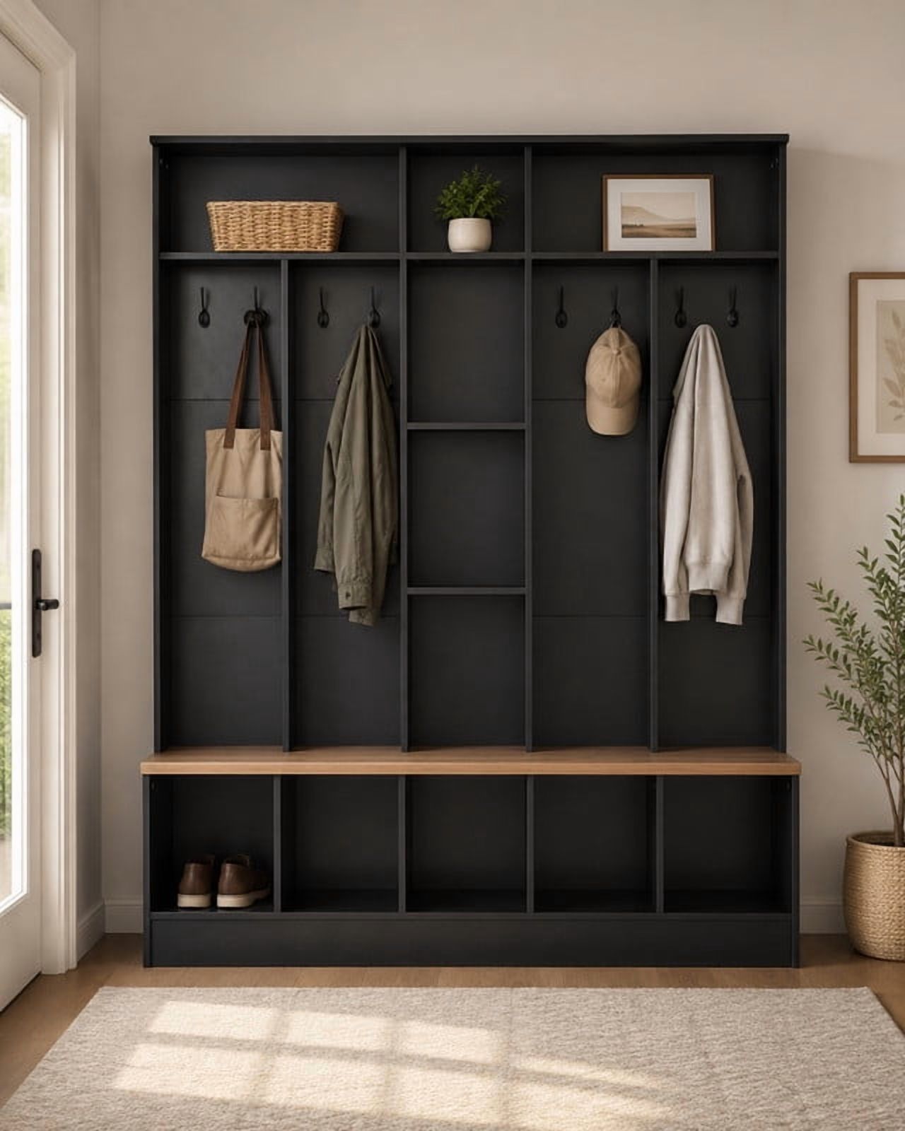 Modern Hall Tree with Storage Bench, Entryway Coat Rack with 8 Hooks, Shoe Cabinet with 5 Cube Compartments and Shelves, Multifunctional Mudroom Organizer for Entryway, Hallway, Living Room