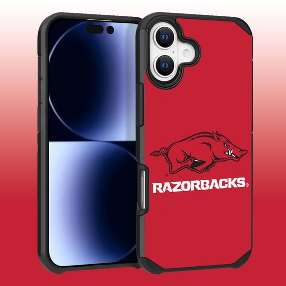 Apple iPhone 16 (6.1) - Licensed NCAA University of Arkansas Razorbacks Logo on Red Textured Dual Layer Case