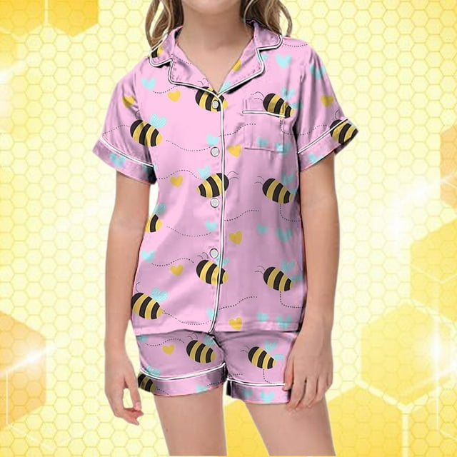 Pyjama Bébé Fille Ensemble de Pyjama en Satin Classique d'Été Respirant Léger avec Imprimé Abeille Mignon Pyjama Rose 2 Ans-3 Ans