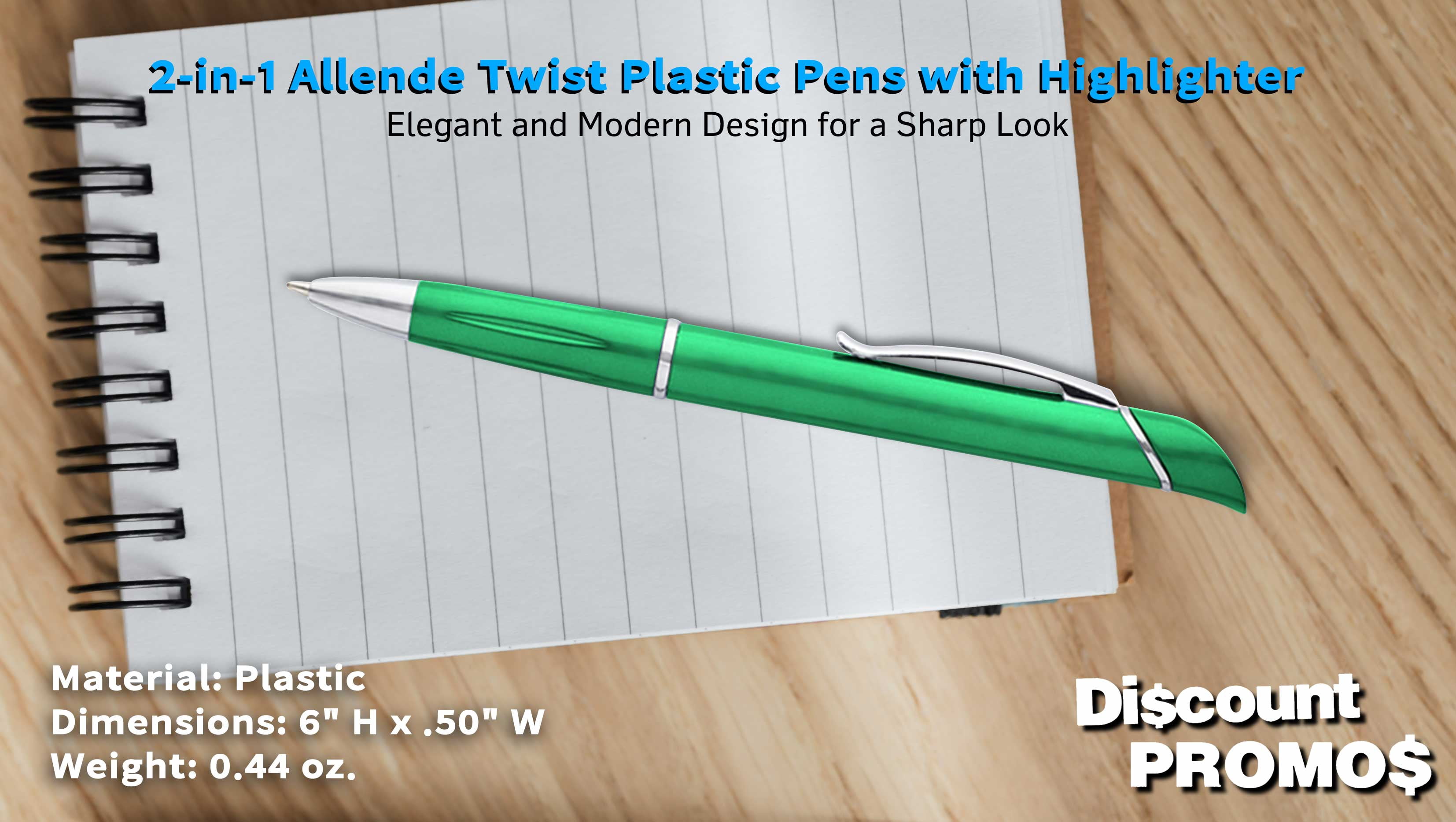 10 Allende Twist Plastic Pens with Highlighter Pack - Stylish, Durable, Black Ink - Green