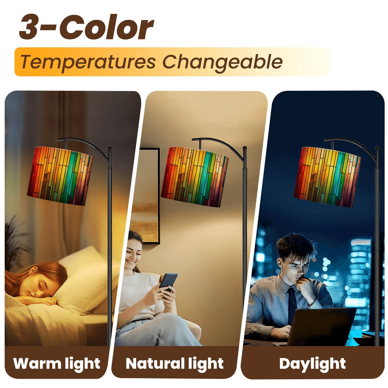 Arc Floor Lamp Colorful stained glass window Abstract stained Tall Modern Standing Lamp LED Adjustable Linen Lampshade 3 Color Temperatures
