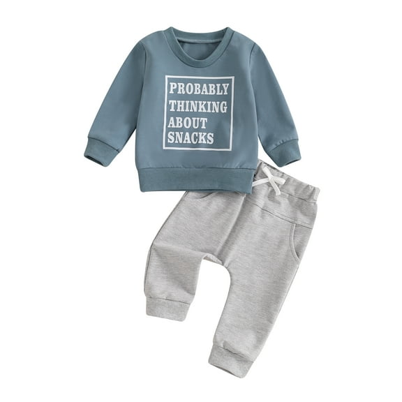 Toddler Baby Boy Fall Outfits 0 6 12 18 24 Months 2T 3T Long Sleeve Letter Print Sweatshirt with Solid Color Elastic Waist Pants 2Pcs Clothing Set