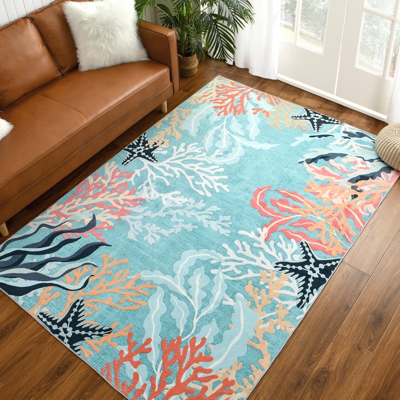TWINNIS Area Rugs Floral Boho Rug Floor Carpet for Living Room Bedroom,6'x9',Blue