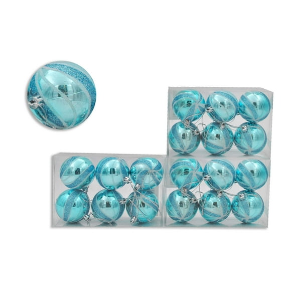 18 Pack of Aqua Shiny Striped Ornaments with Aqua and White Glitter Enhancement
