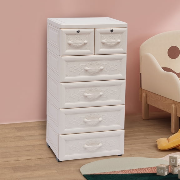 Plastic Drawers Dresser, Storage Cabinet with 6 Drawers, Closet Drawers Tall Dresser Organizer for Clothes,Playroom,Bedroom Furniture, 4 Wheels, 2 Locks, 100lbs Load Capacity