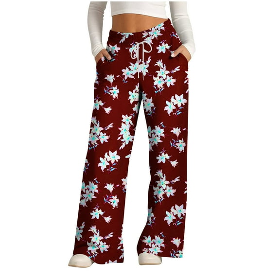 USNSM Women's Wide Leg Pants High Waist Floral Print Adjustable Knot Loose Casual Trousers Business Work Casual Pants Red XXL