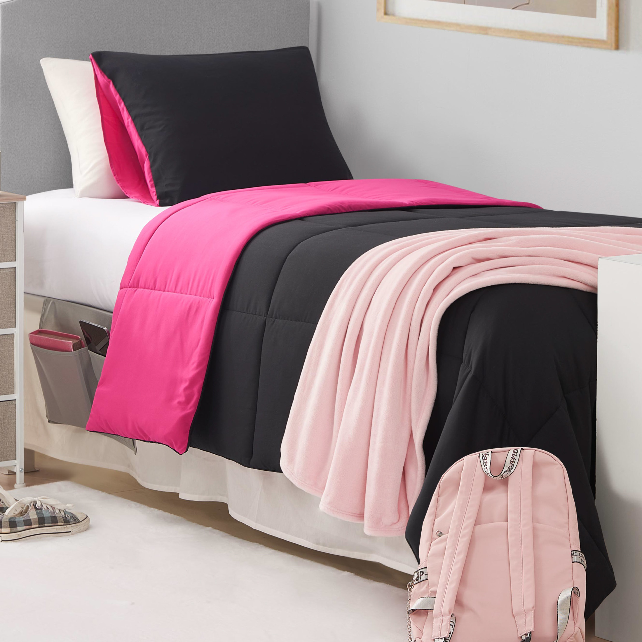 The Sheet Lab Reversible Box Stitch Comforter Set, 2-Piece Twin/Twin XL – Hot Pink/Black