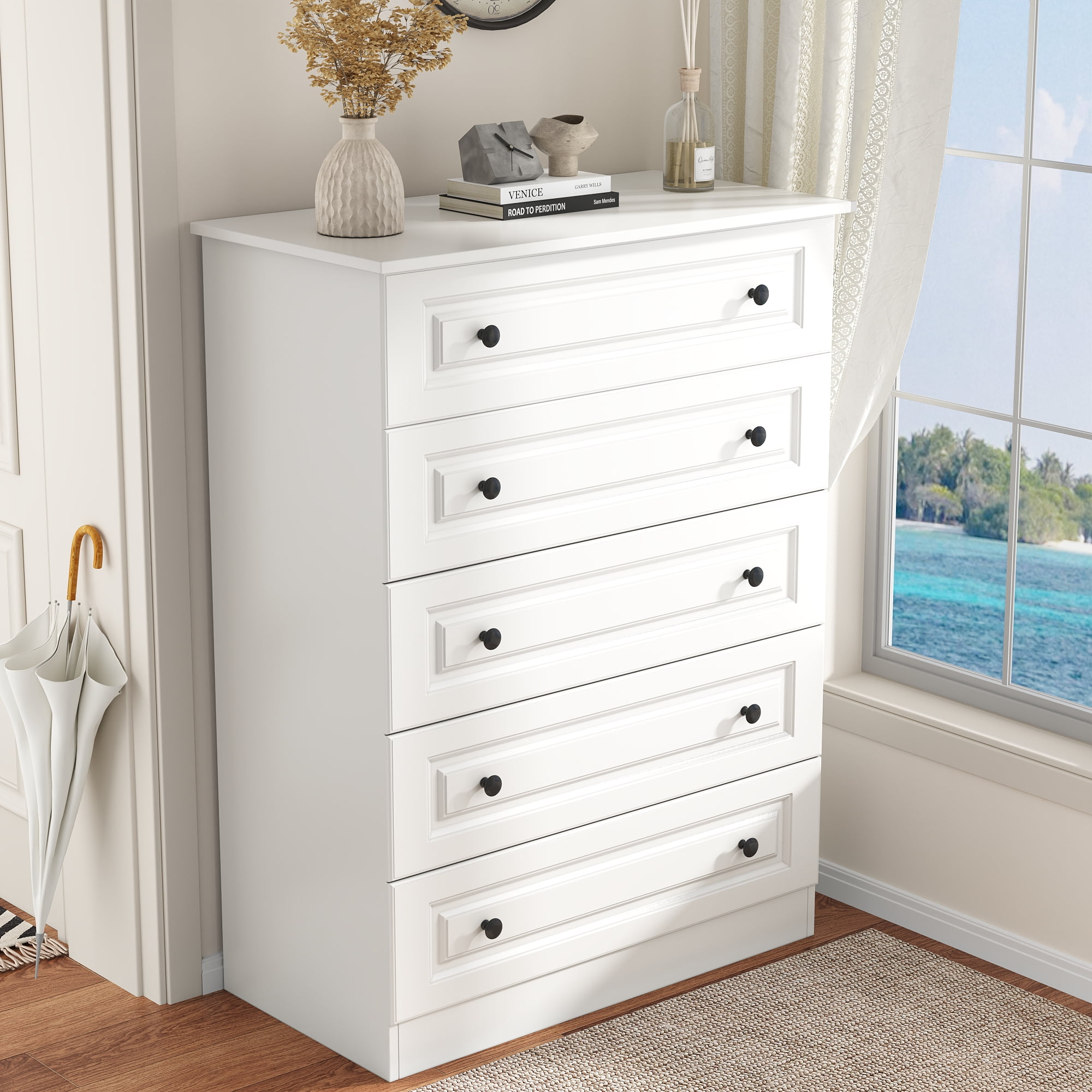 NEGYLIM 5 Drawer Dresser Tall Modern White Chest of Drawers with Anti Tip Large Storage for Bedroom Hallway Entryway White