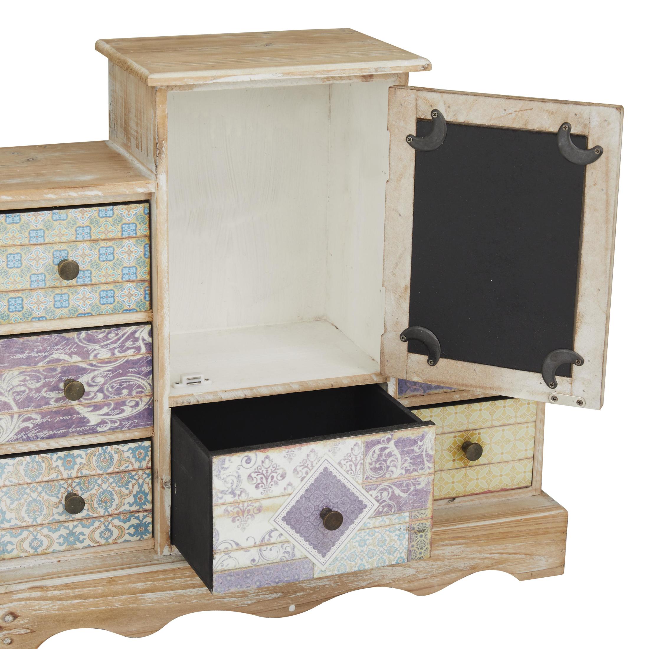 DecMode Scroll 7 Drawers Light Brown Wooden Decorative Jewelry Box with Patchwork Patterns