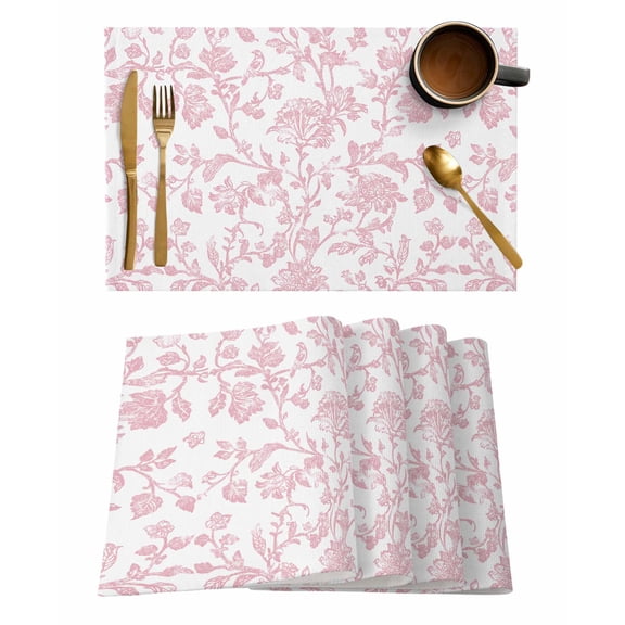 Pink Flower Placemats Set of 6, Vintage Farmhouse Boho Leaf Spring Solid Placemats for Dining Table, Place Mats for Kitchen Tabletop, Waterproof Wipeable Dining Table Mats Set