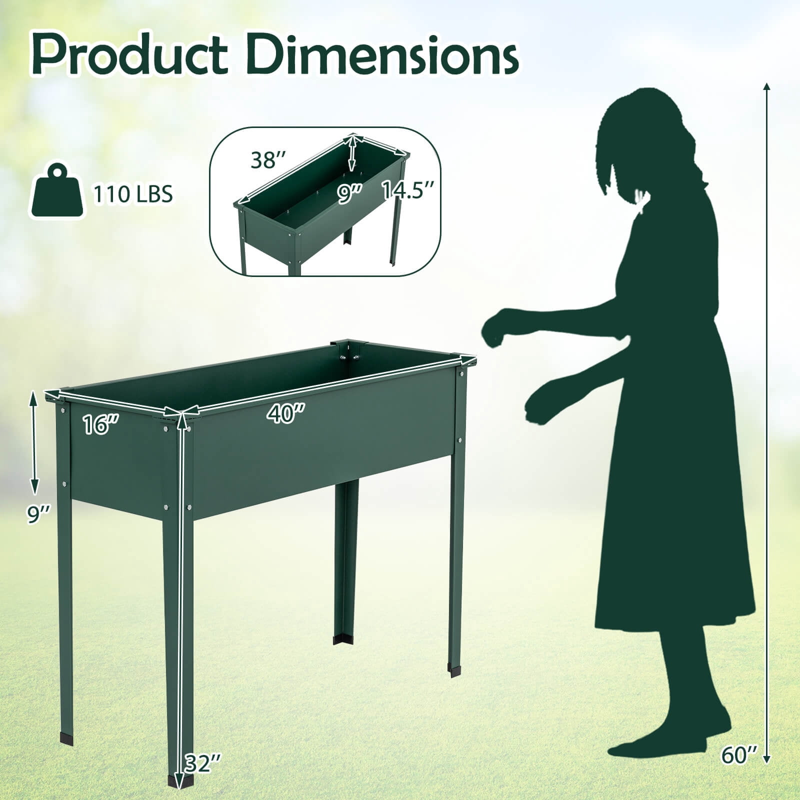 Costway 40" Raised Garden Bed with Legs Metal Elevated Planter Box Drainage Hole Backyard Green