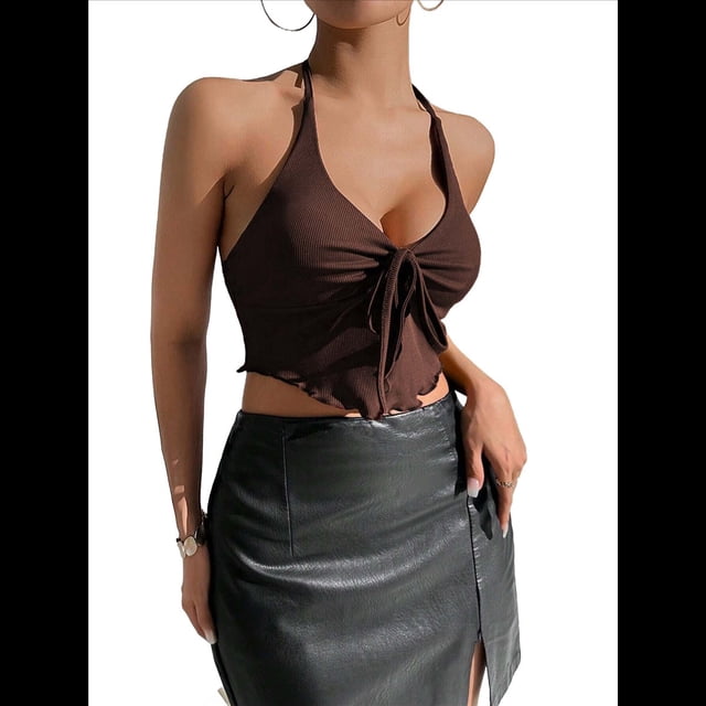 Top Corto con Lazo Frontal Y2k, Cuello Halter, Plisado y Fluido, para Salir de Verano, Camisa Sin Mangas con Abertura Marrón M