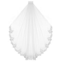ENBRIDE Bridal Veil Wedding Veil with Lace Edge Adorned with Silver Bead, Sequin and Pearl (#C263wh)