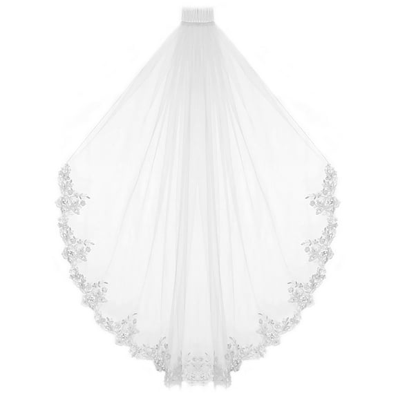 ENBRIDE Bridal Veil Wedding Veil with Lace Edge Adorned with Silver Bead, Sequin and Pearl (#C263wh)