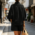 thumbnail image 4 of Linen Sets for Women 2 Piece 3/4 Sleeve Top Shorts Set Button Down Lounge Matching Sets for Vacation, 4 of 4