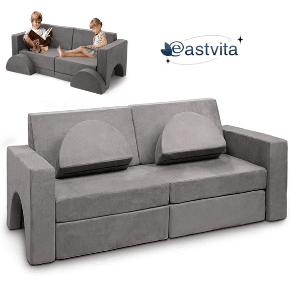 EastVita 8 Pcs Kids Couch,Child Sectional Sofa,8 in 1 Couch for Playing, Creativing, Sleeping,Imaginative Kids Furniture for Bedroom and Playroom (Grey)