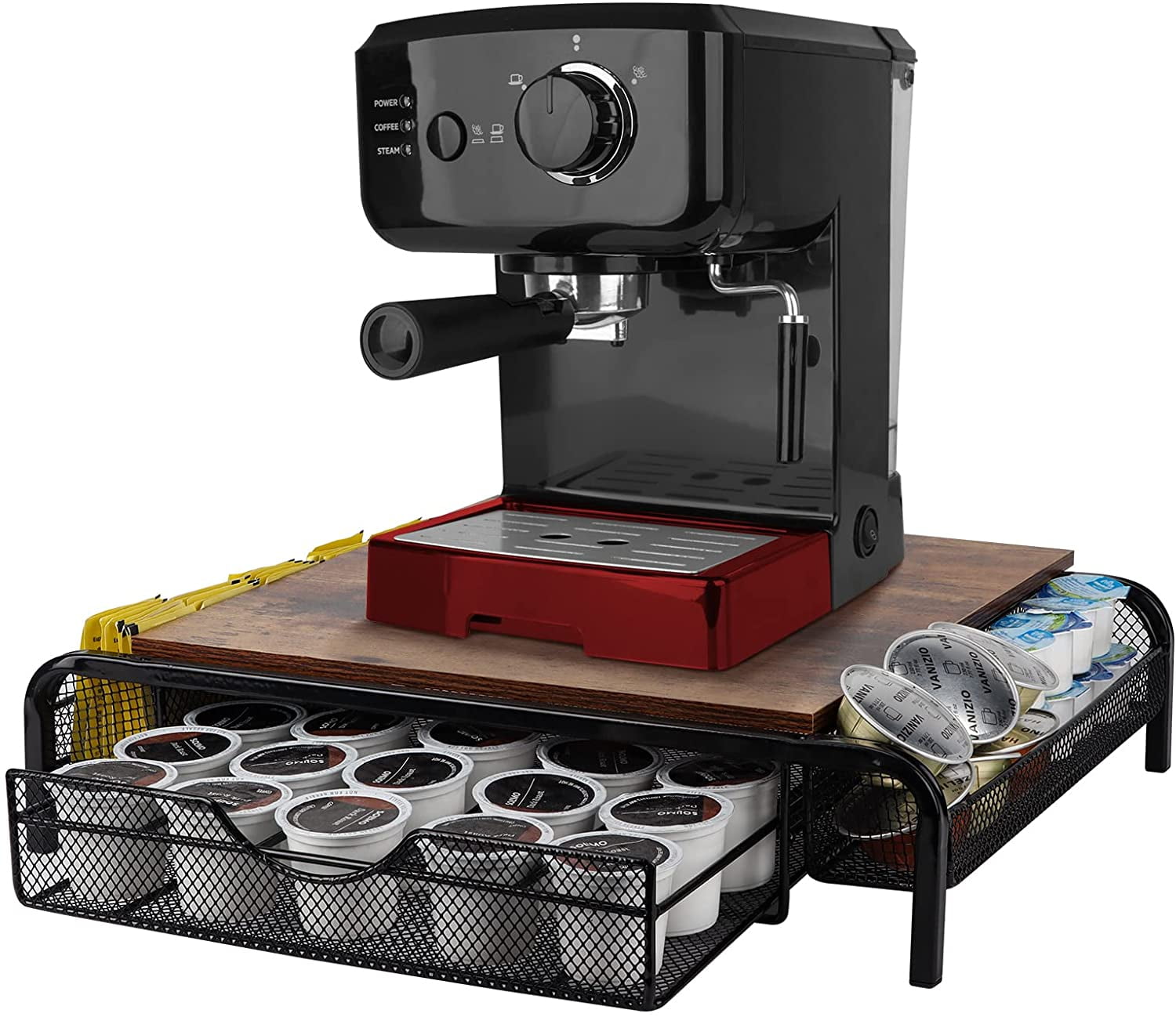 36K Cup Holder Rack Storage Keurig Coffee Pod Chrome Drawer Organizer Brown Wood 
