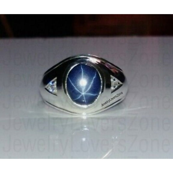 JewelryLoversZone Men's Blue Star Sapphire Ring 925 Sterling Silver Timeless Oval Cut Gemstone Jewelry Gift For Special Occasion Silver 3