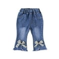 thumbnail image 2 of MKOSPLRT Flare Jeans for Girl 1-6 Years Elastic Waist Bootcut Denim Pants Cute Bow Pearl Jeans Retro Wash Summer Jeans with Pocket Kids Clothes, 2 of 3
