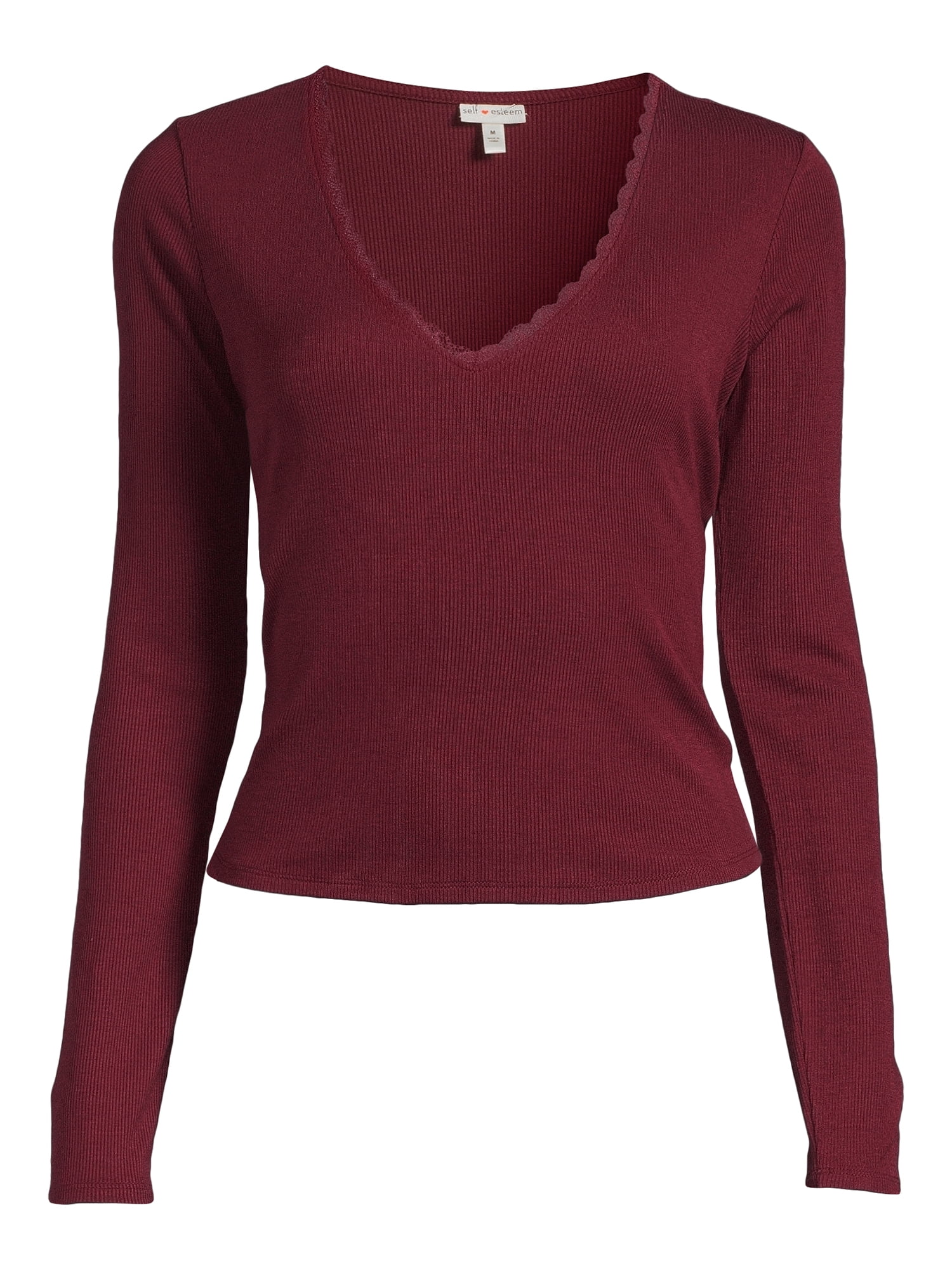 Self Esteem Juniors Lace Trim V-Neck Tee with Long Sleeves
