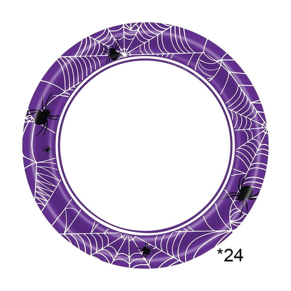 DefiDgd 9inch 24pcs Purple Spider Web Disposable Paper Plates,Round Spider Printed Lightweight Dinner Plates for Halloween Snack Dessert Serving Holiday Birthday Party Tabletop Decor(B)