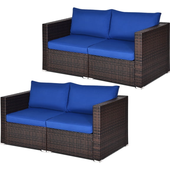 Gymax 4PCS Rattan Corner Sofa Set Patio Outdoor Furniture Set w/ Navy Cushions