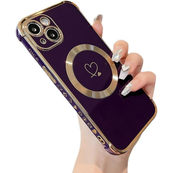 Magnetic Case for iPhone 13 Case 6.1 inch [Compatible with MagSafe] Cute Plating Love Hearts Pattern Case with Camera Protection,Soft Shockproof TPU Bumper Cover for Women Girls,Dark Violet