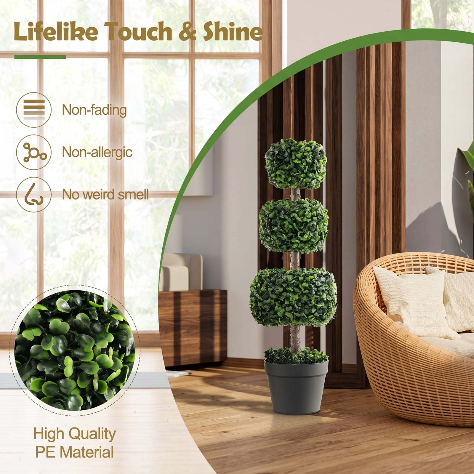 ALPULON 35 Inch Artificial Boxwood Topiary Ball Tree with Cement-Filled Pot, Faux Potted Plant for Indoor Outdoor Home Entryway Porch Decor, Green