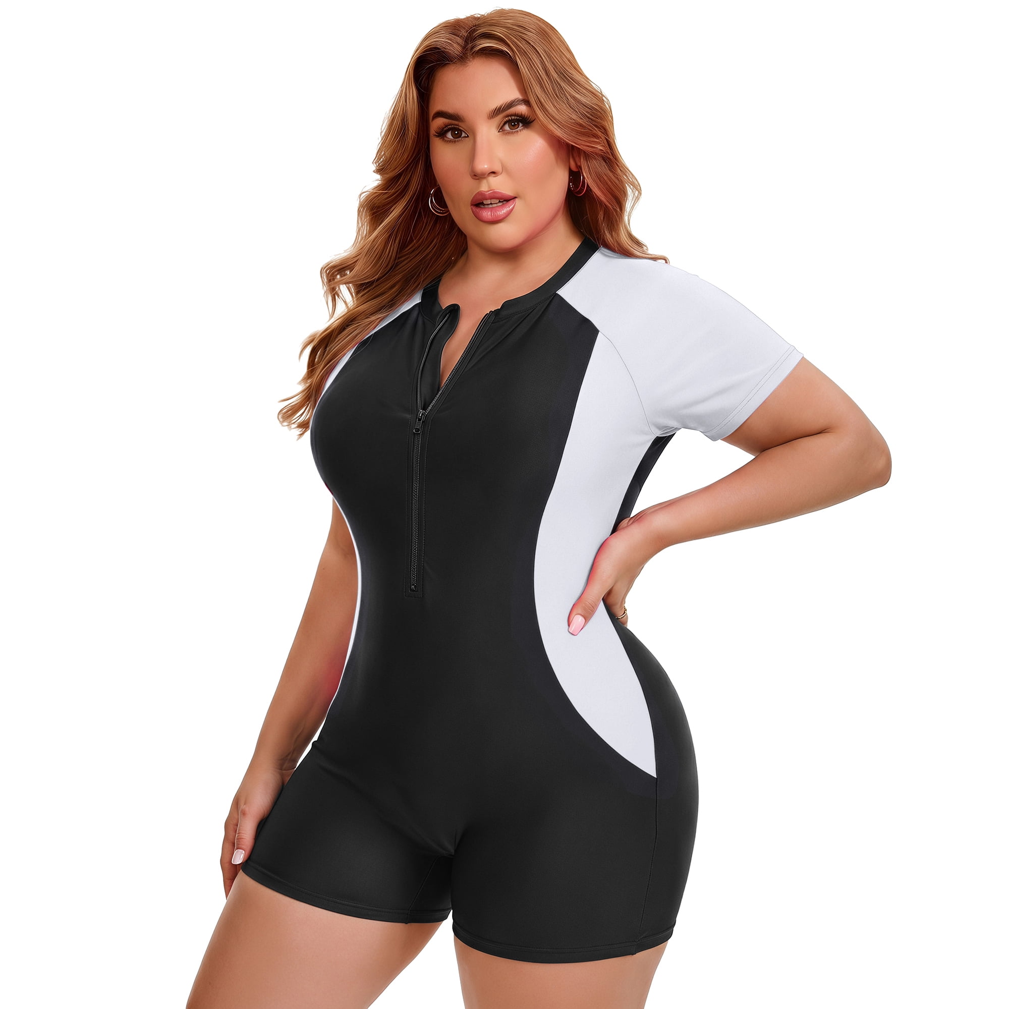 DARING DIVA Women's Plus 1 Piece Zip Front Short Sleeve Swimsuit 3X Black White