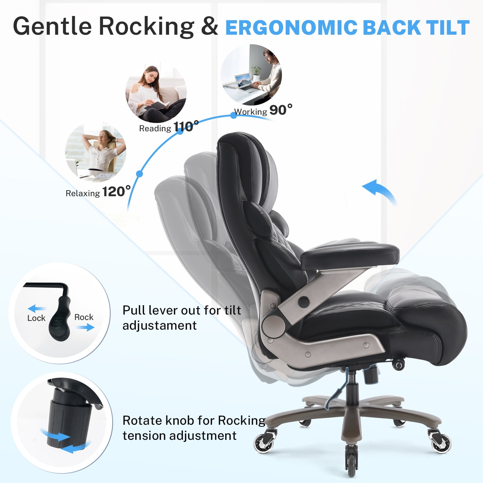 WOSDOM Big and Tall Office Chair 700lbs, Large High Back Executive Chair with Extra Wide Seat, Heavy Duty Rocking Computer Chair, 3D Flip Arms, Adjustable Lumbar Support, Black