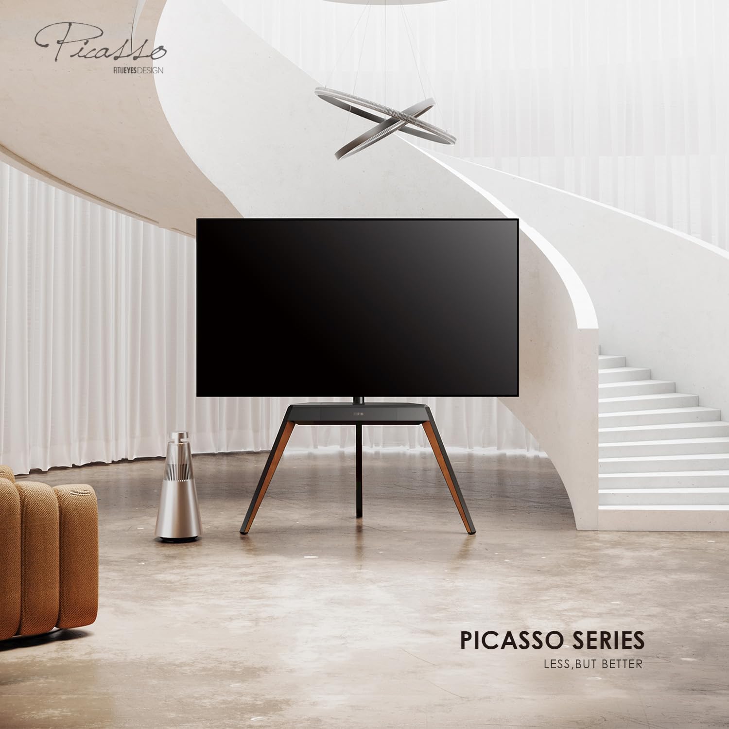 FITUEYES Picasso Series Corner TV Stand for 55–78 Inch TVs, Black & Walnut, Cable Management