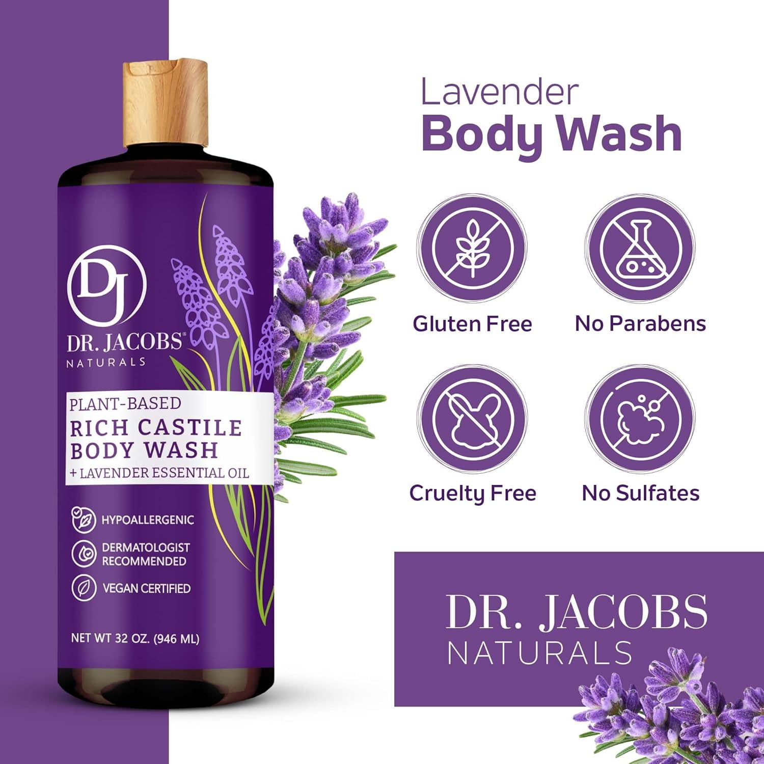 Dr Jacobs Naturals Castile Soap Body Wash Plant Based Liquid Soap, Lavender 32 Oz 3-Pack
