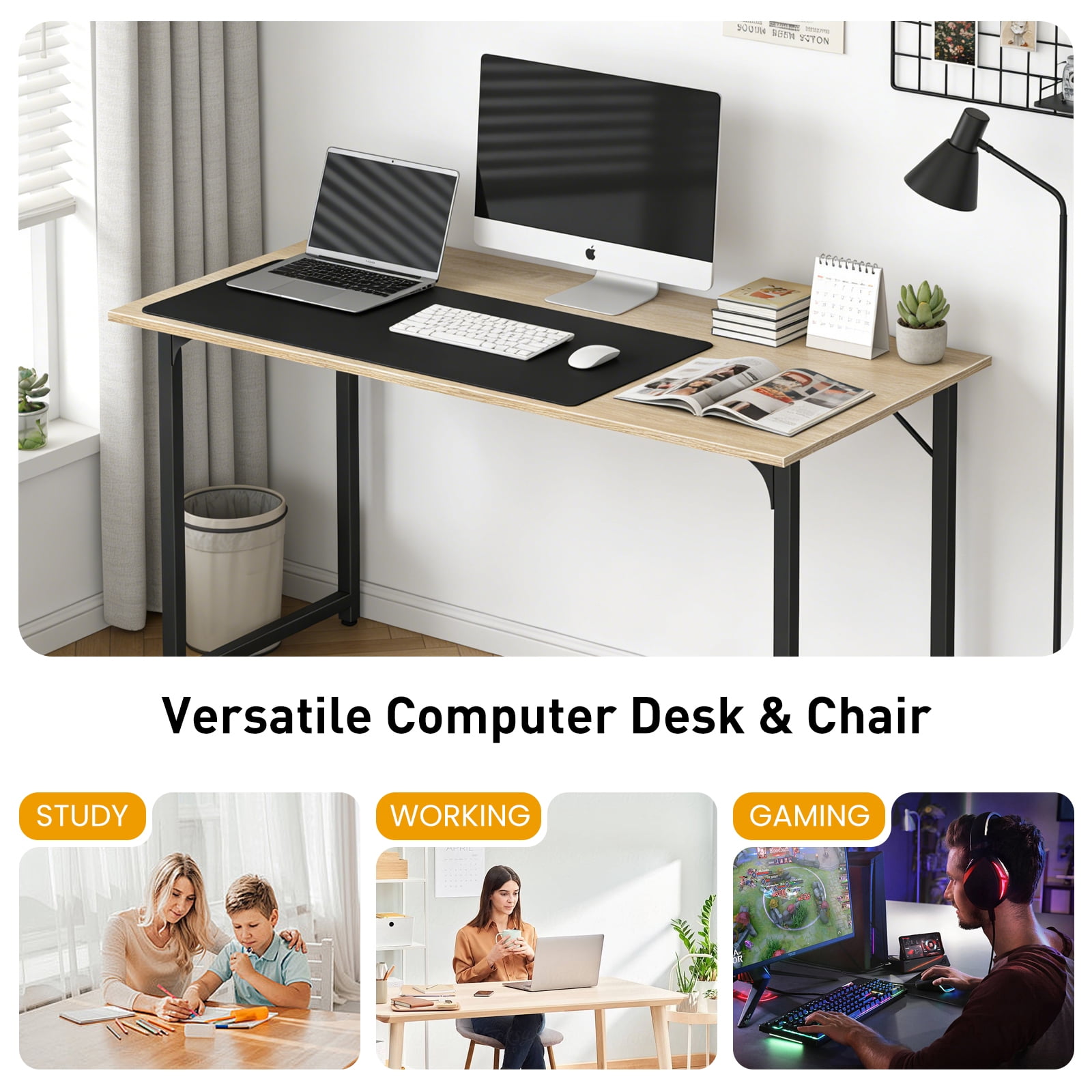 Dkelincs 40 inch Computer Desk and Chair Set Home Office Modern Wood Study Desk & Mesh Ergonomic Height Adjustable Office Chair for Small Spaces, Nature & Black