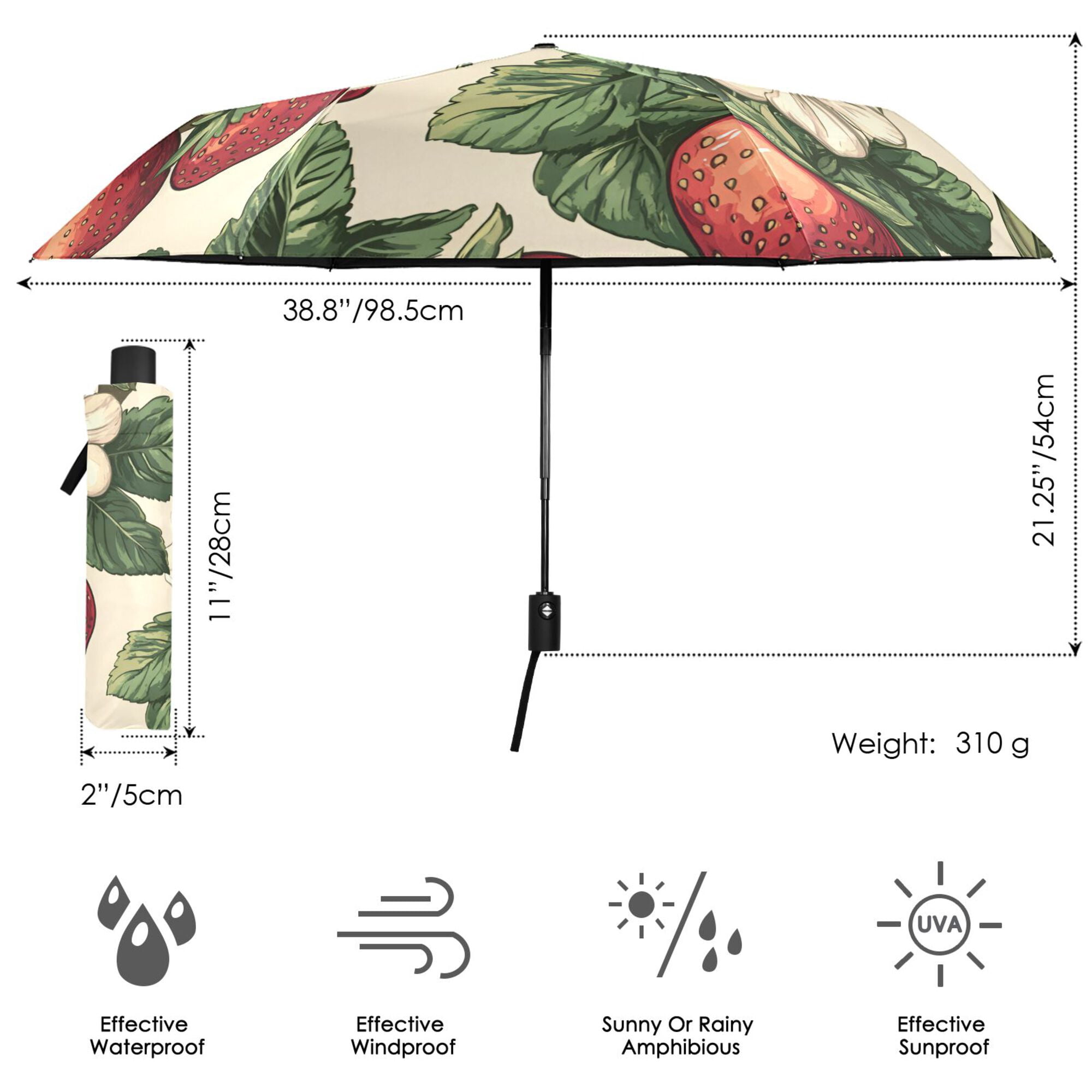 FORMRS Travel Umbrella Folding Auto Open Close Windproof Rain UV Protection, Beige Strawberry