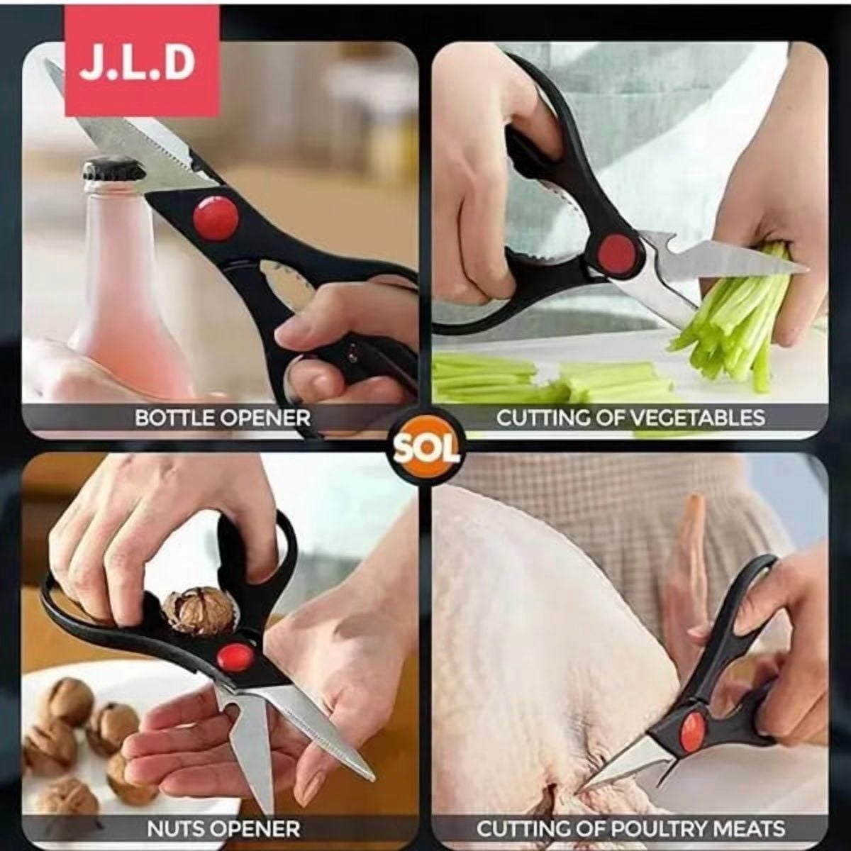Multi-Functional Kitchen Scissors - Stainless Steel Blade, Ergonomic Grip - Cuts Meat, Veggies, Opens Bottles/Nuts, Dishwasher Safe