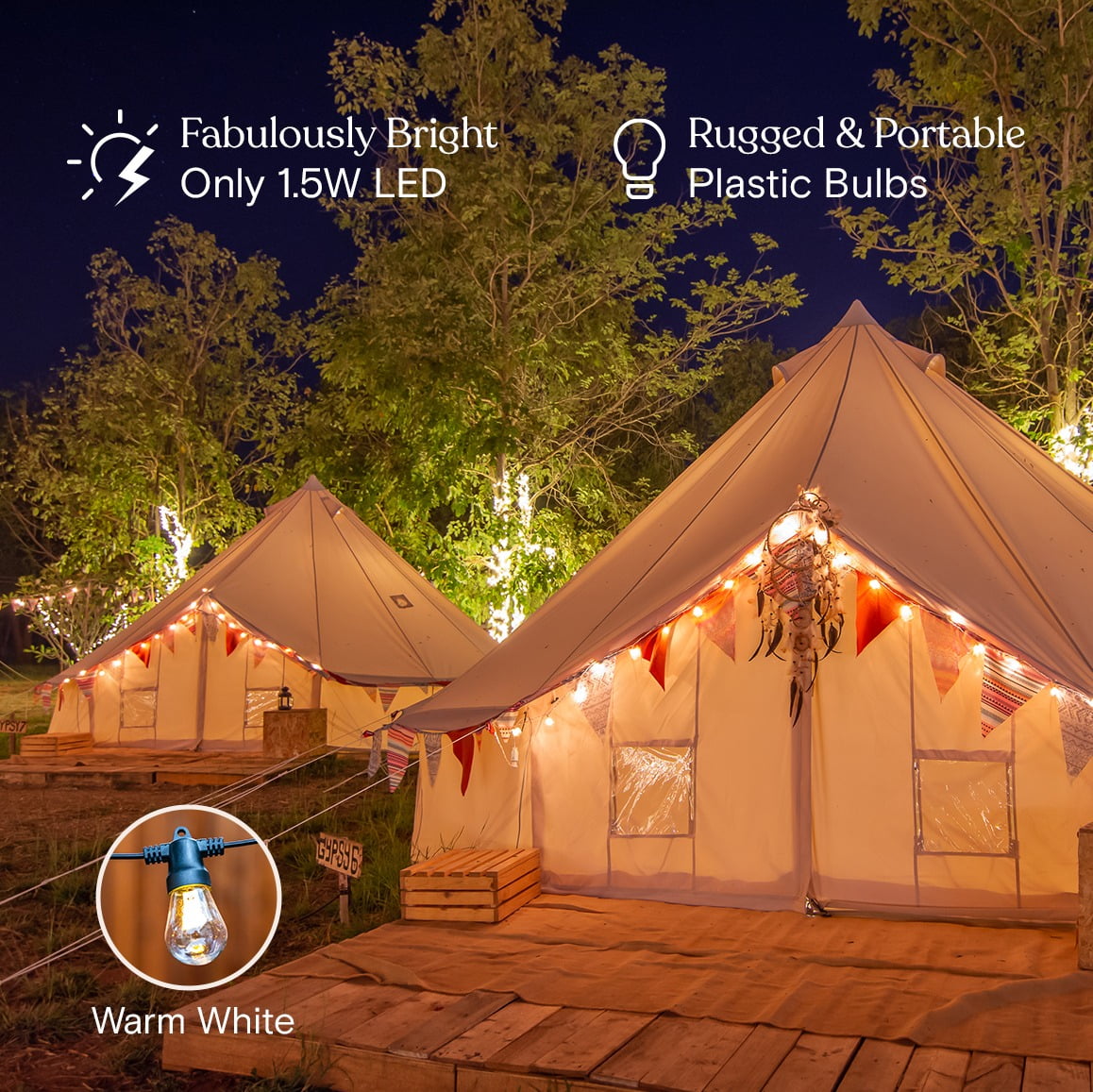 Brightech Ambience Pro USB Powered LED Outdoor String Lights 24 ft, Waterproof Shatterproof 1W Edison Bulbs for Camping, Backyard, Porch, 2700K Soft White
