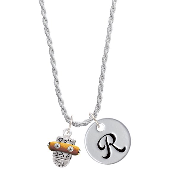 Delight Jewelry Silvertone Crystal Brown Spinner Silvertone Script Initial Disc - R - Charm Necklace, 20"+3"