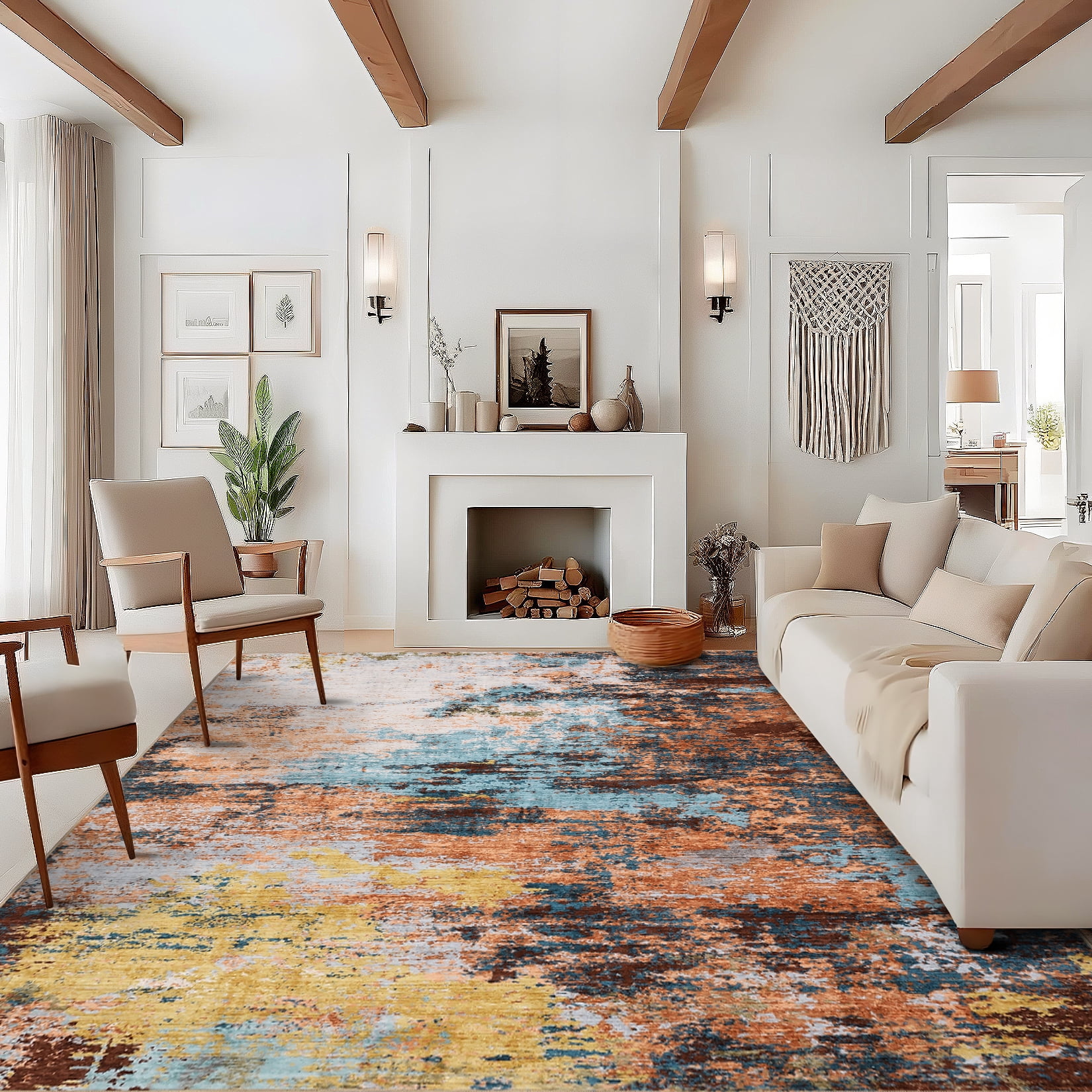 Garvee 6x9 Abstract Area Rugs Living Room Rug, Modern Washable Non-Slip Rugs Print Accent Carpet Stain-Resistant Low Pile Rug for Bedroom Dining Room Office Farmhouse, Yellow