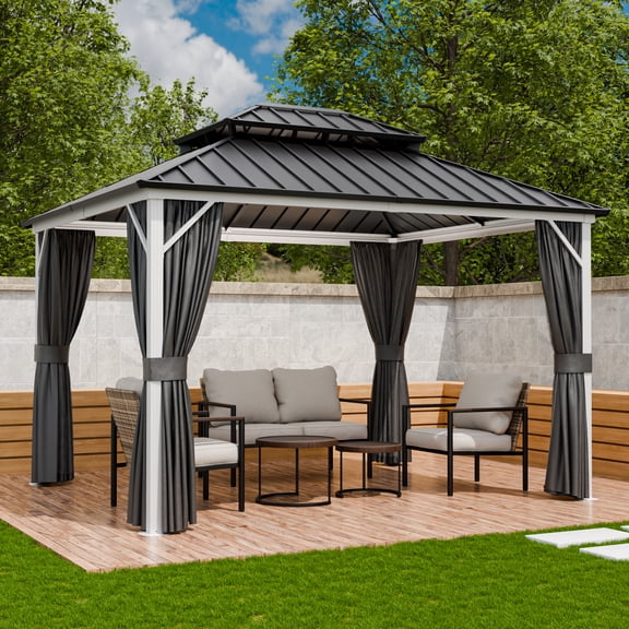 COOS BAY 12x10 Hardtop Gazebo with Aluminum Frame, Galvanized Steel Double Roof Outdoor Pavilion with Netting and Curtains, White/Gray