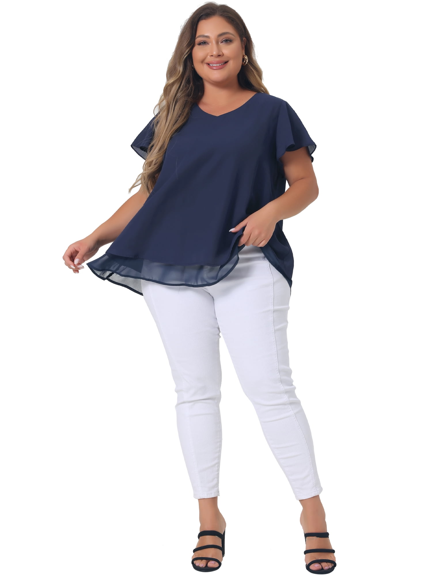DARING DIVA Women's Plus Size Ruffle Short Sleeve V Neck Chiffon Blouse L Navy Blue