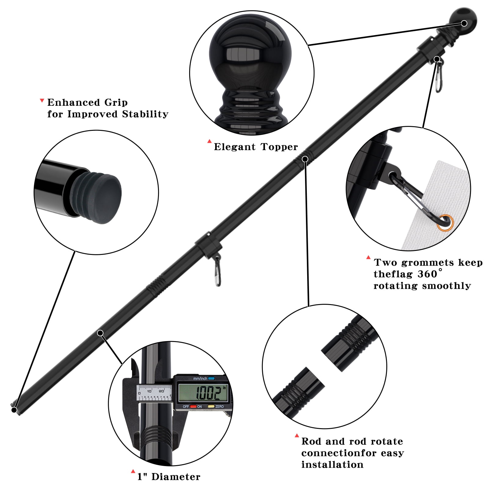 FIASON 5 FT Black Upgraded Tangle Free Flag Pole, Thickened Stainless Steel Heavy Duty Flagpole for 2x3 3x5 4x6 Flag, 2026 America 250th Anniversary, RV, Truck, Boat, Yard, Parades (No Bracket&Flag)