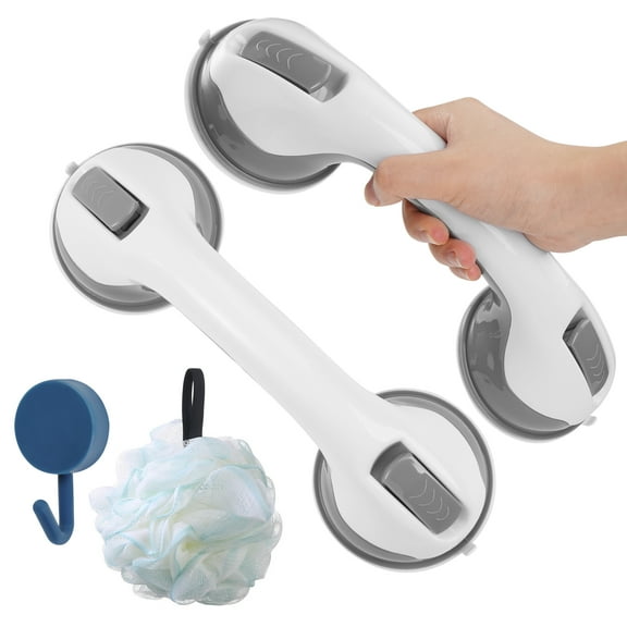 KEKOY 2 Pack Shower Handles for Elderly, Grab Bars for Bathroom, 12" Suction Bath Tub Hand Rail, Anti-Slip Safety Bar with Shower Pouf and Hook