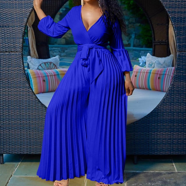 LOVZFMLL Combinaison pour Femme, Combinaison Mode Ajustée Style Métal Bronzé à Manches Longues Robe de Soirée Pantalon à Jambe Droite Bleu, 4TG
