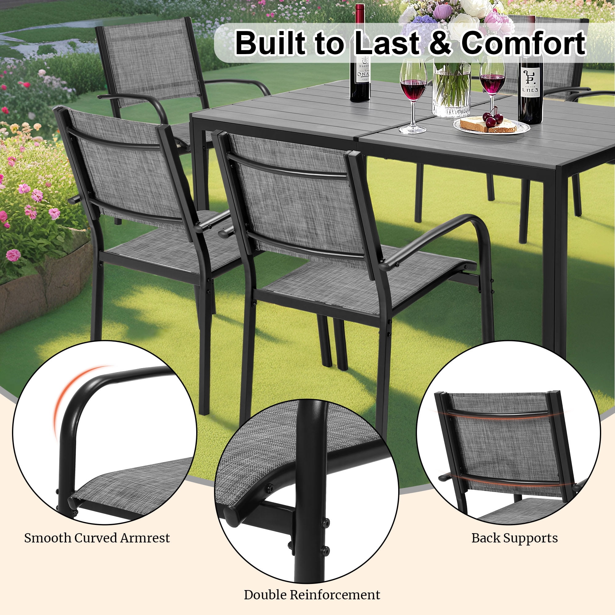 Seizeen 7 Pieces Patio Dining Set, Outdoor Patio Furniture Set, Plastic-wood Table Top with Steel Frame, Dining Set w/Gray Textilene Chairs for Backyard, Garden and Poolside