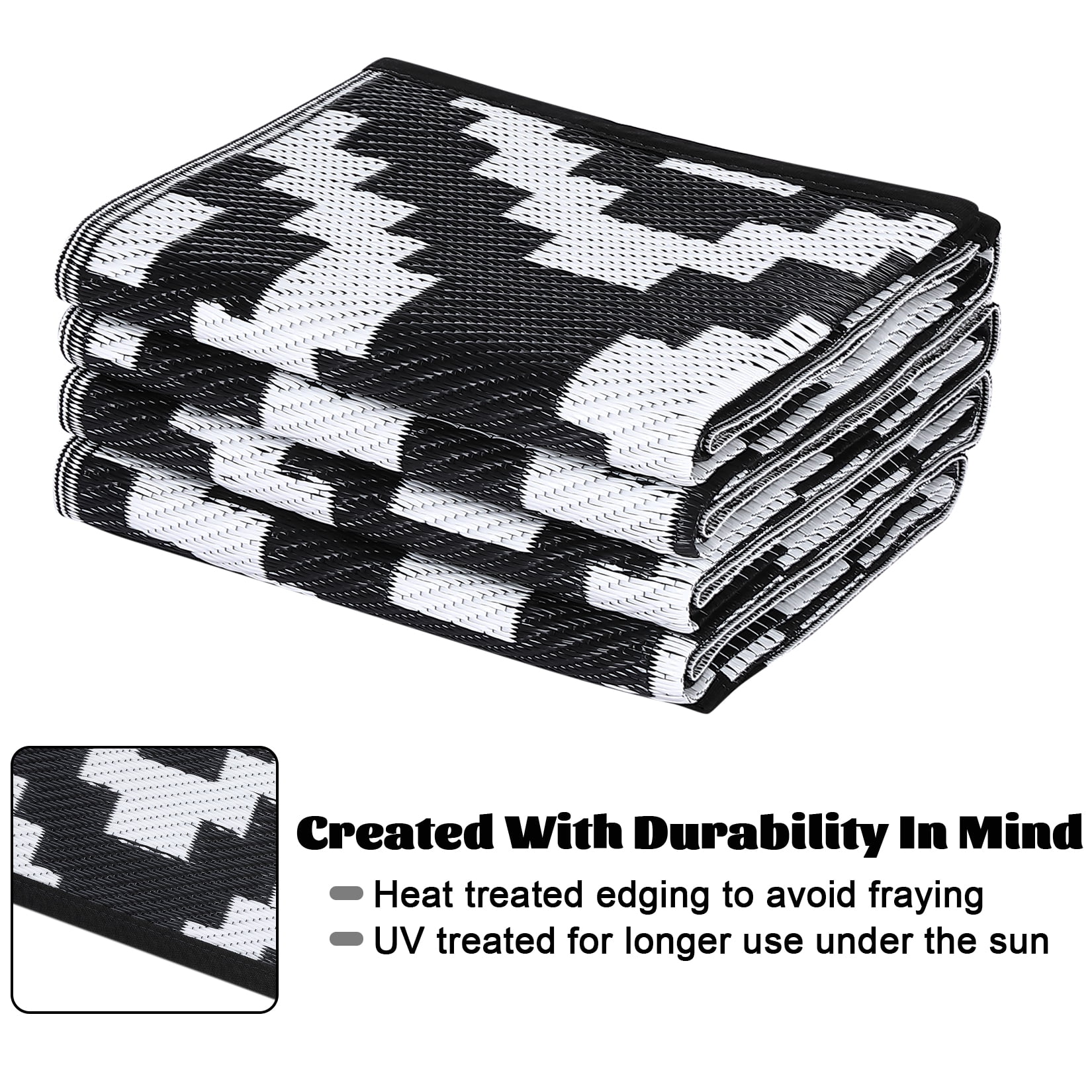 GlowSol 9'x18' Outdoor Plastic Straw Rug Waterproof Large Floor Mat Outside Area Rugs Carpet Reversible Mats for Camping RV Camper Patios Clearance, Black Block