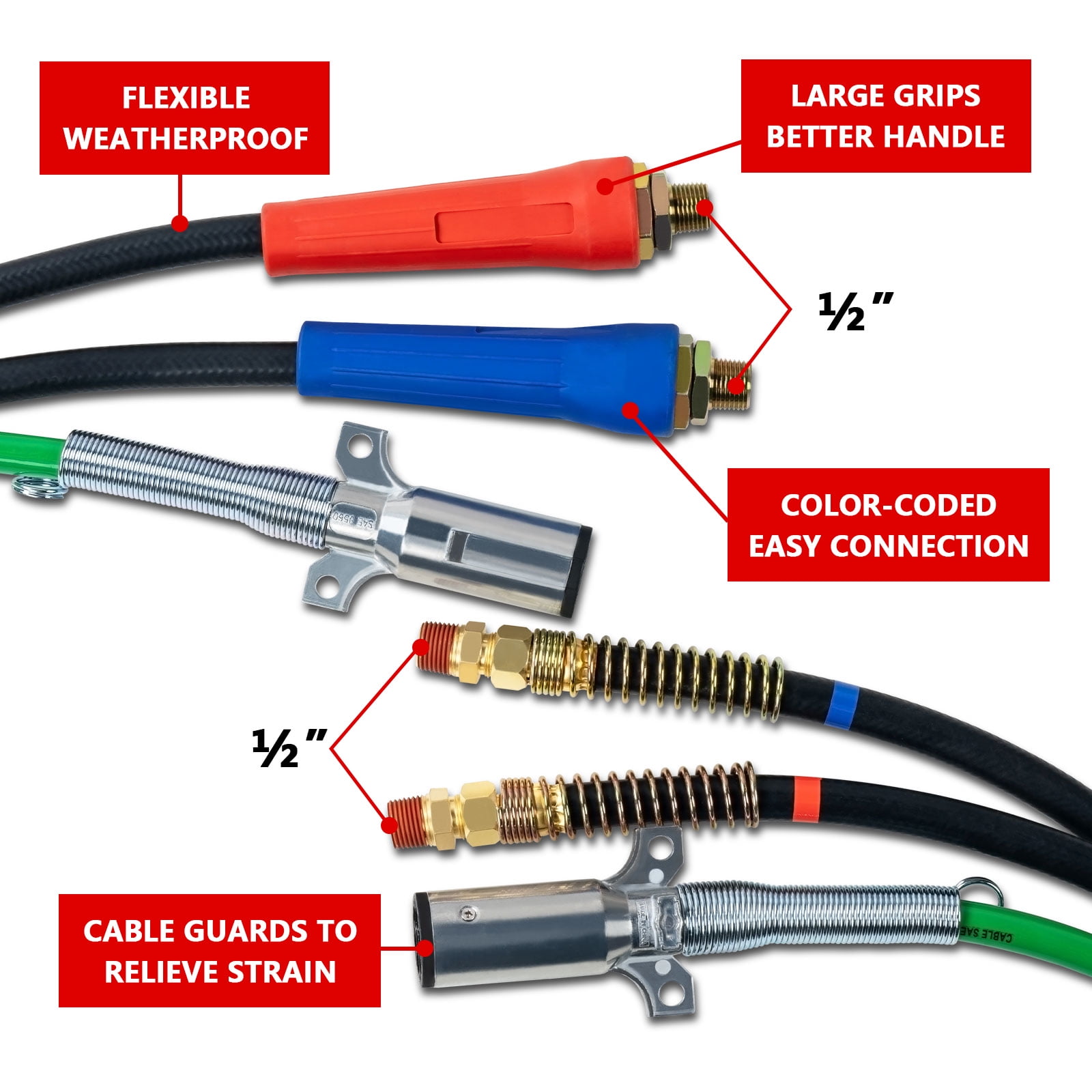 15ft 3 in 1 ABS & Power Air Line Hose Kit Airline Air Hose Wrap 7 Way Electrical Cable Air Lines with Aluminum Extension Handles and Emergency Glad Hands for Semi Truck Trailer Tractor
