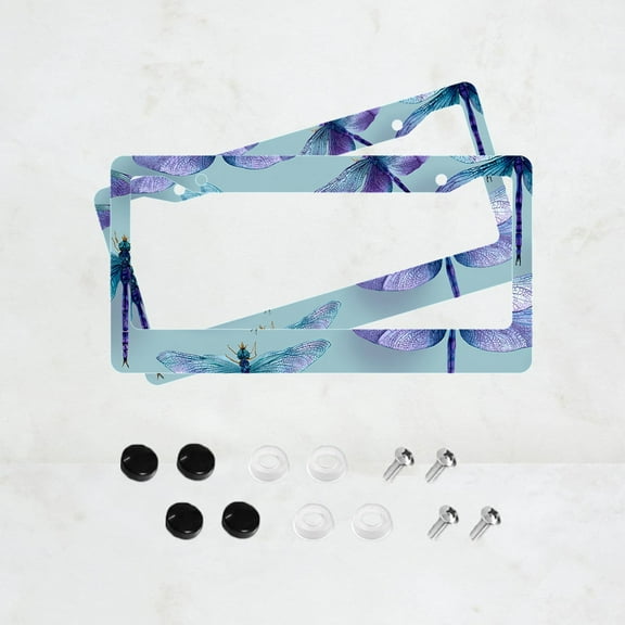 2pc Purple Dragonfly Pattern 2 Hole License Plate Frame, Aluminum Material, 6x12 Inches, with Screw Set, Retro Novelty Car Decoration Gift, Standard US License Plate Size