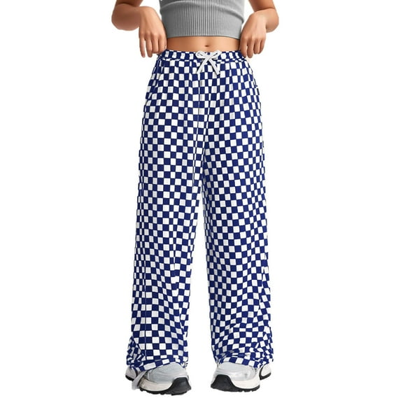 Ashirexll Girls Wide Leg Pants High Waisted Pants Blue Checkerboard Print Casual Loose Breathable Wide Leg Trousers for Medium and Large Children