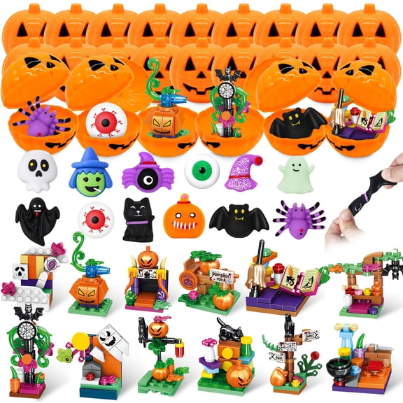 MOONTOY Halloween Gifts for Kids, 24 Pumpkins 12 Squishy & 12 Building Sets Halloween Toys Bulk, DIY Halloween Goodie Bag Fillers, Pinata Stuffers, Trick or Treat & Classroom Favors for Kids